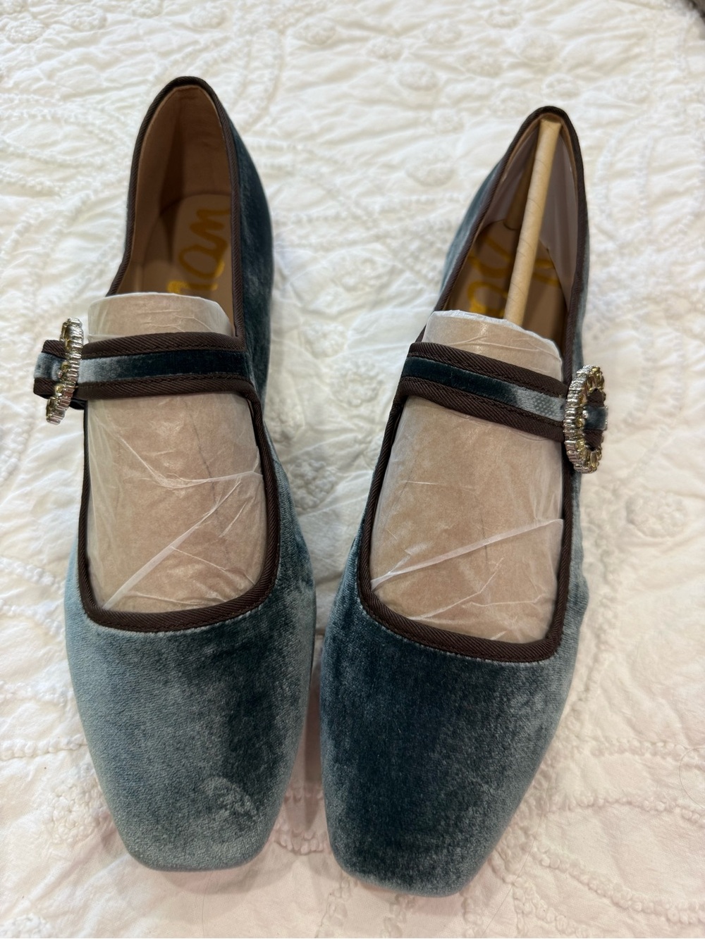 Sam Edelman Women's Grey Velvet Mary Jane Flats with Crystal Buckle